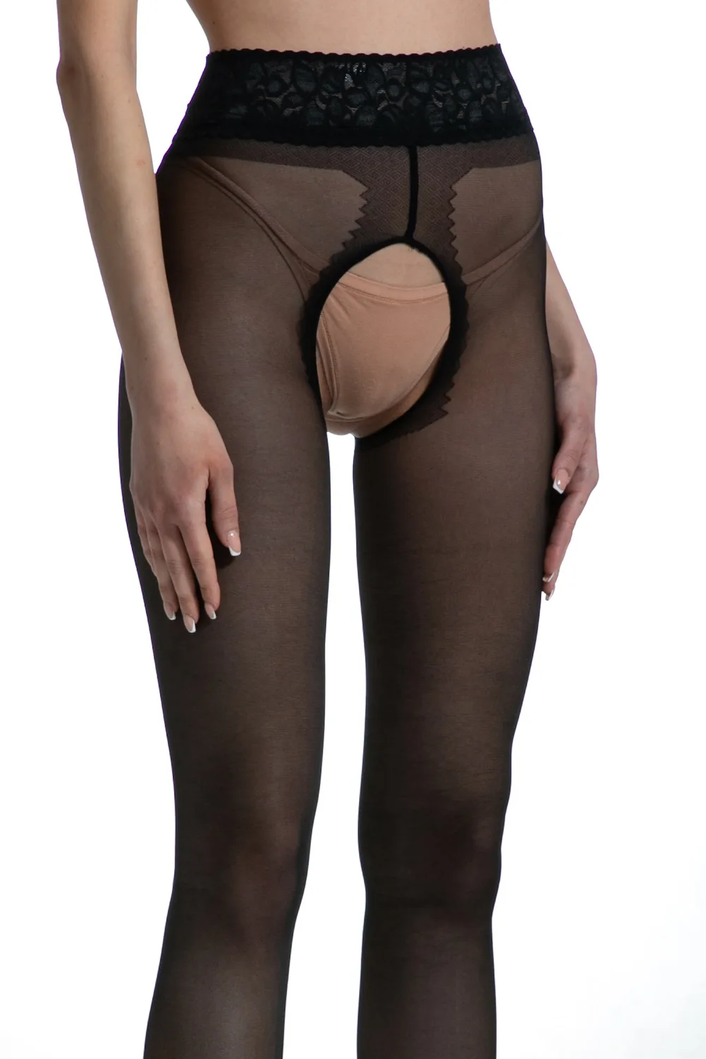 Foto zwarte open kruis panty hip lace